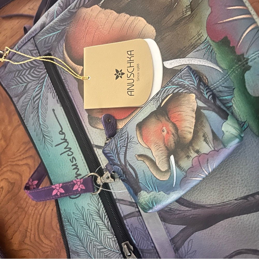Anuschka Purple Elephant Design Shoulder Bag - Picture 7 of 9